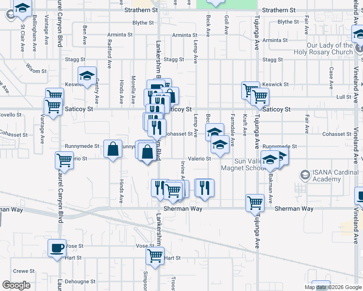 map of restaurants, bars, coffee shops, grocery stores, and more near 7447 Irvine Avenue in Los Angeles