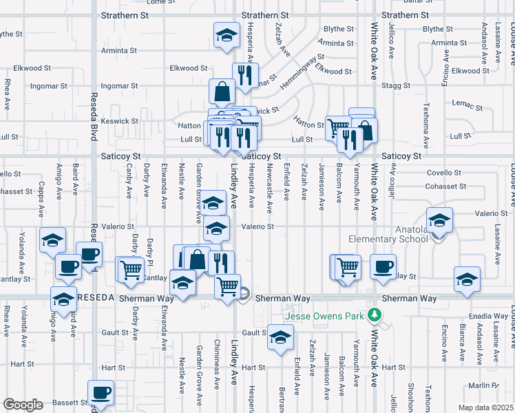 map of restaurants, bars, coffee shops, grocery stores, and more near 7441 Newcastle Avenue in Los Angeles