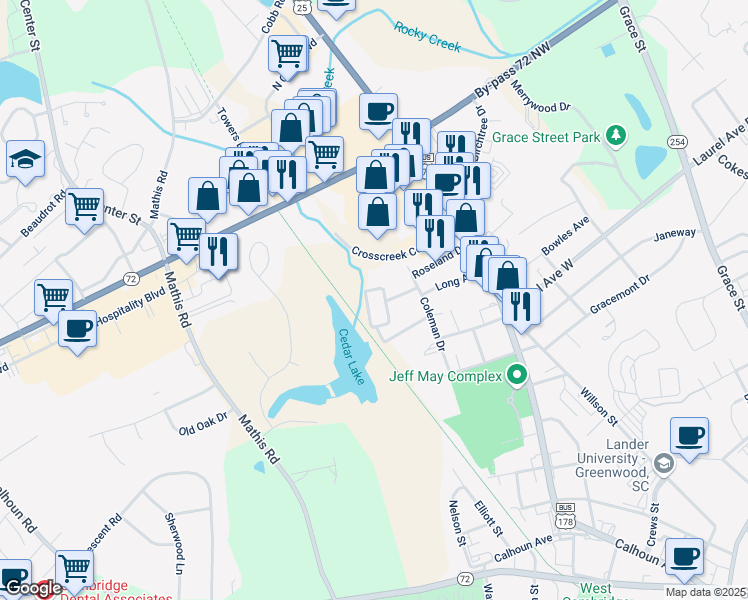map of restaurants, bars, coffee shops, grocery stores, and more near 210 McNeill Avenue in Greenwood