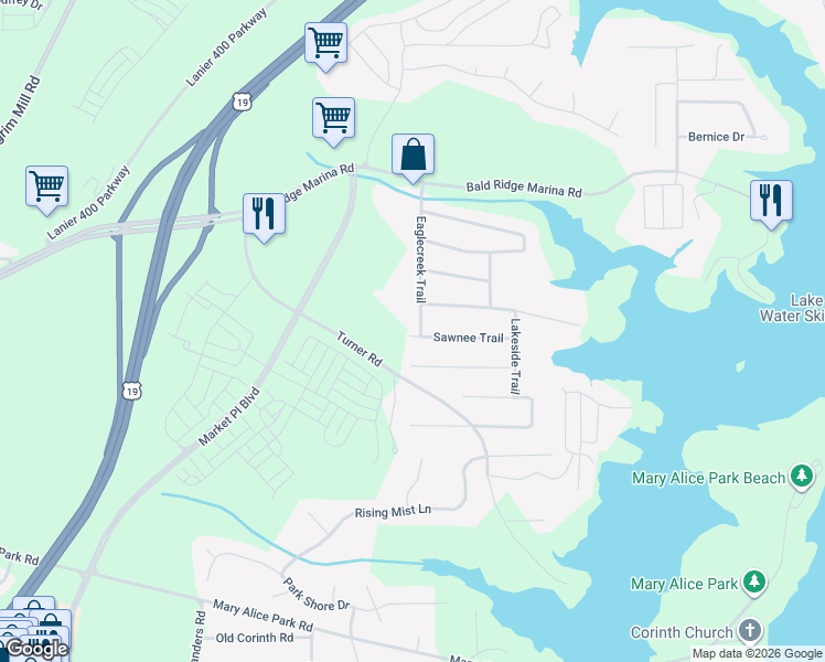 map of restaurants, bars, coffee shops, grocery stores, and more near 1770 Eaglecreek Trail in Cumming