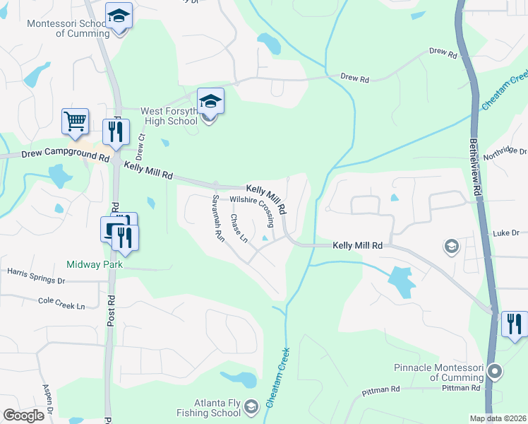 map of restaurants, bars, coffee shops, grocery stores, and more near 4885 Wilshire Crossing in Cumming