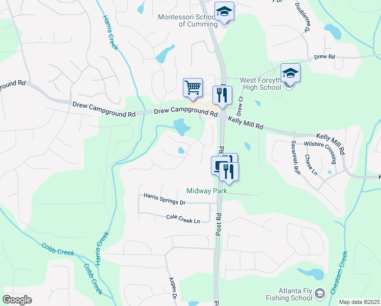 map of restaurants, bars, coffee shops, grocery stores, and more near 3525 Elder Field Lane in Cumming