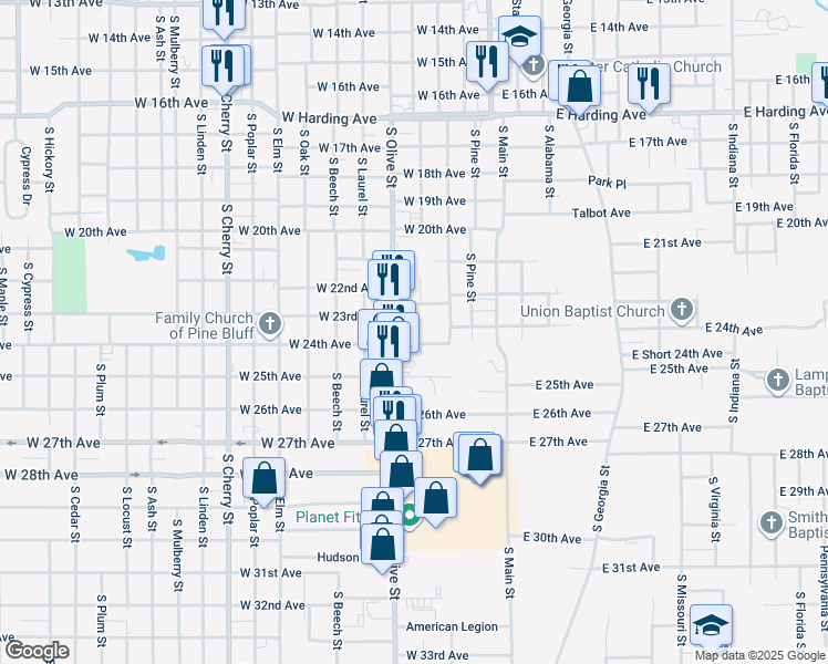 map of restaurants, bars, coffee shops, grocery stores, and more near 2224 South Chestnut Street in Pine Bluff