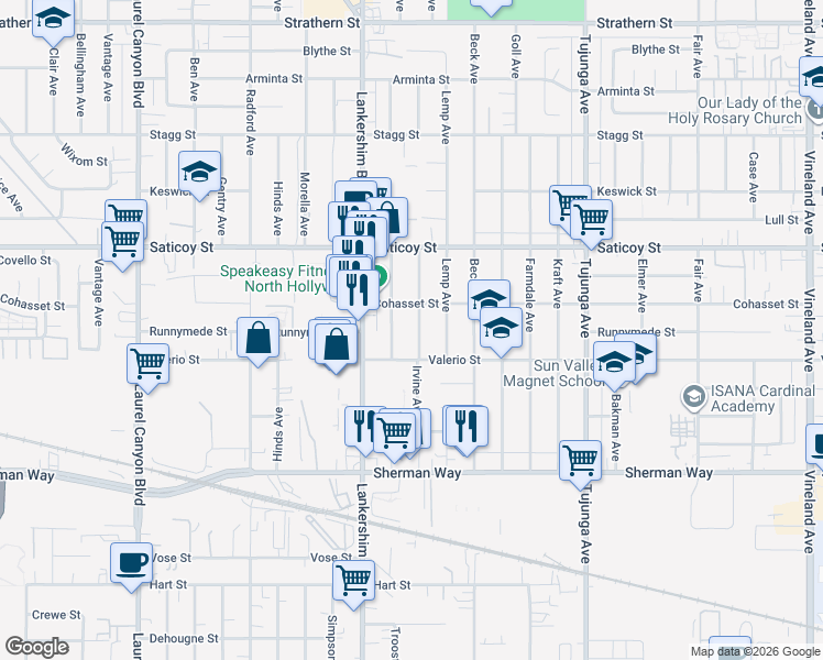 map of restaurants, bars, coffee shops, grocery stores, and more near 7437 Irvine Avenue in Los Angeles