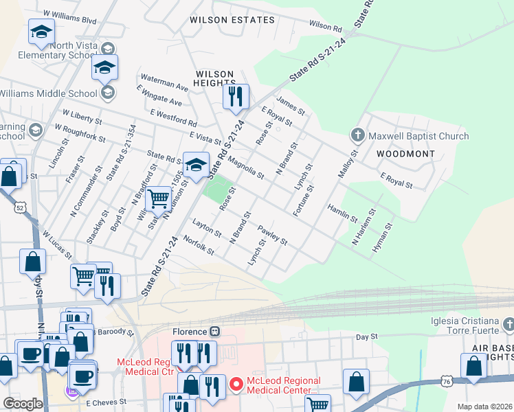 map of restaurants, bars, coffee shops, grocery stores, and more near 812 North Brand Street in Florence