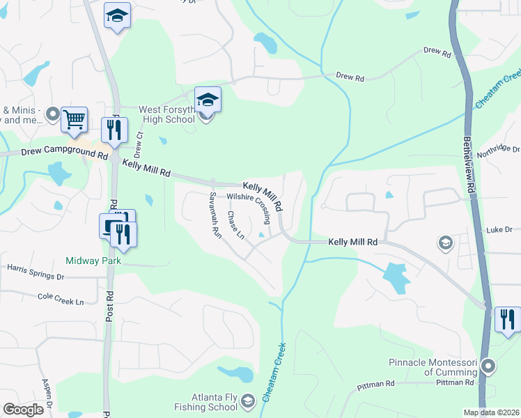 map of restaurants, bars, coffee shops, grocery stores, and more near 4885 Wilshire Crossing in Cumming