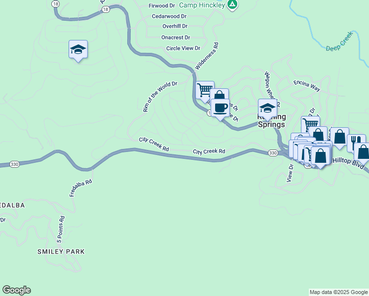 map of restaurants, bars, coffee shops, grocery stores, and more near 31465 Deer Lick Lane in Running Springs