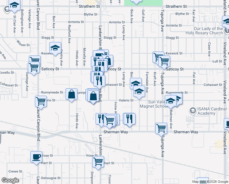 map of restaurants, bars, coffee shops, grocery stores, and more near 7447 Irvine Avenue in Los Angeles