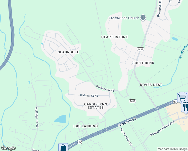 map of restaurants, bars, coffee shops, grocery stores, and more near 5851 Harebell Road in Leland