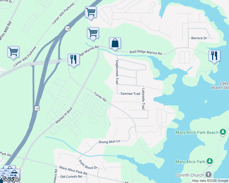 map of restaurants, bars, coffee shops, grocery stores, and more near 1770 Eaglecreek Trail in Cumming