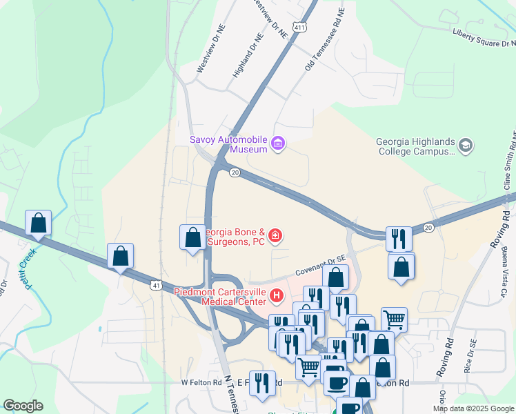 map of restaurants, bars, coffee shops, grocery stores, and more near 15 Medical Drive Northeast in Cartersville