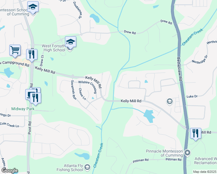 map of restaurants, bars, coffee shops, grocery stores, and more near 4850 Bantry Way in Cumming