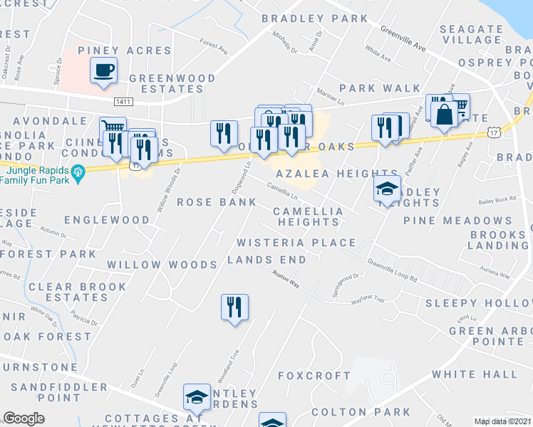 map of restaurants, bars, coffee shops, grocery stores, and more near 5724 Wisteria Ln in Wilmington