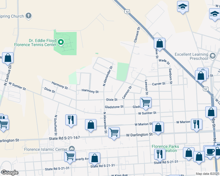 map of restaurants, bars, coffee shops, grocery stores, and more near 705 Habitat Lane in Florence
