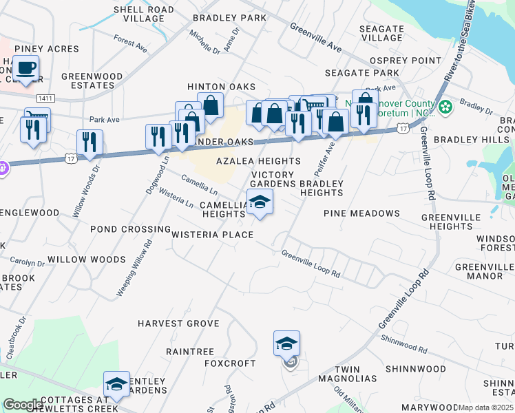 map of restaurants, bars, coffee shops, grocery stores, and more near 5818 Verbenia Drive in Wilmington