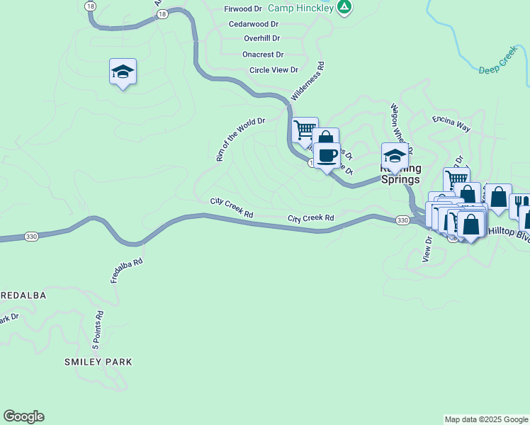 map of restaurants, bars, coffee shops, grocery stores, and more near 31465 Deer Lick Lane in Running Springs