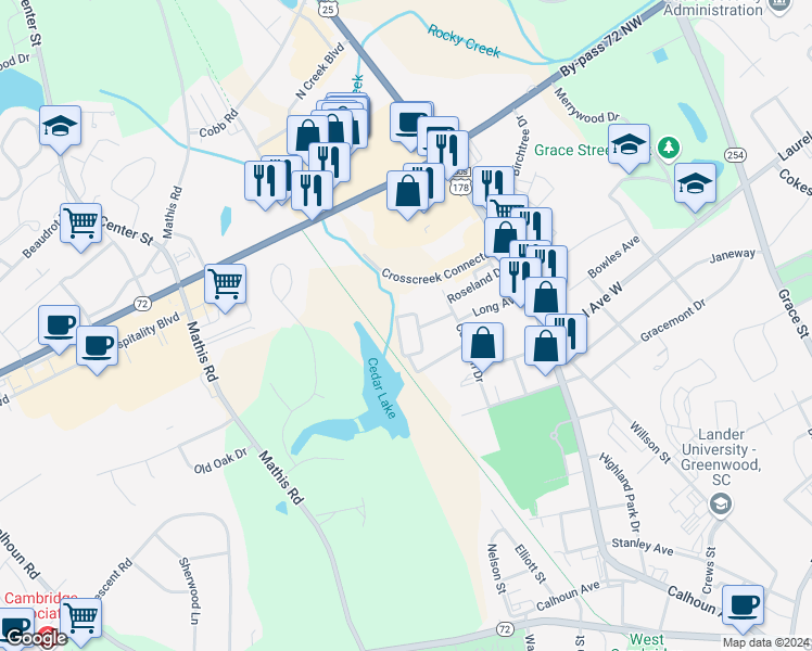 map of restaurants, bars, coffee shops, grocery stores, and more near 210 McNeill Avenue in Greenwood