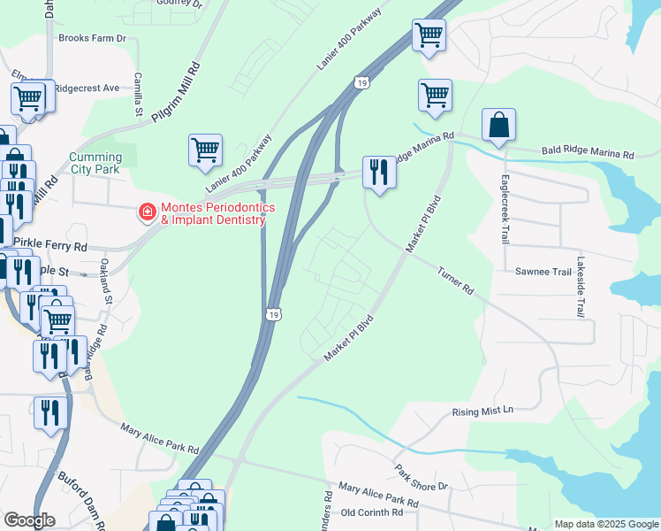 map of restaurants, bars, coffee shops, grocery stores, and more near 1500 Westshore Drive in Cumming