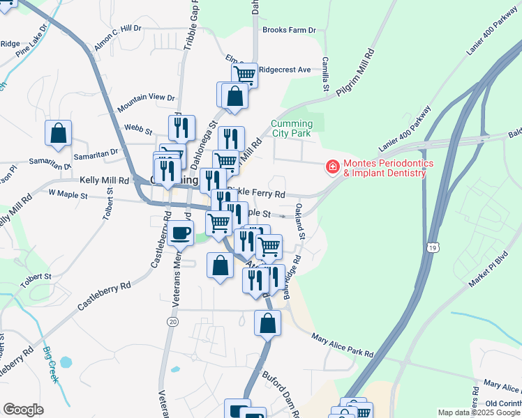 map of restaurants, bars, coffee shops, grocery stores, and more near 110 Allen Street in Cumming