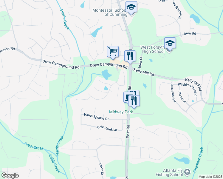 map of restaurants, bars, coffee shops, grocery stores, and more near 3525 Elder Field Lane in Cumming