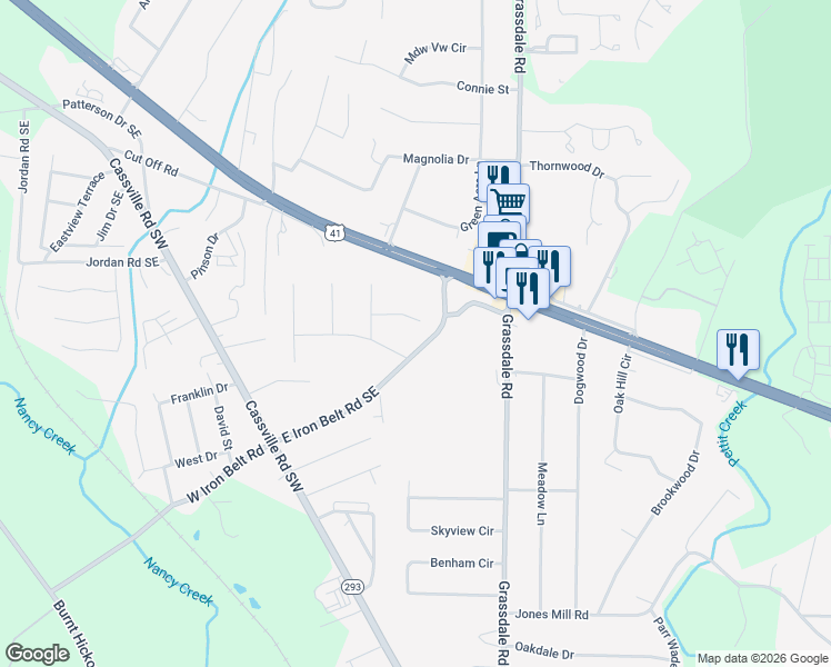 map of restaurants, bars, coffee shops, grocery stores, and more near 12 Woodbine Drive Southeast in Cartersville