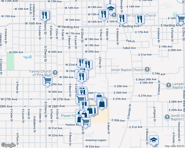 map of restaurants, bars, coffee shops, grocery stores, and more near 2224 South Chestnut Street in Pine Bluff