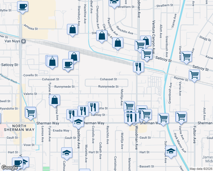 map of restaurants, bars, coffee shops, grocery stores, and more near 7439 Ranchito Avenue in Los Angeles