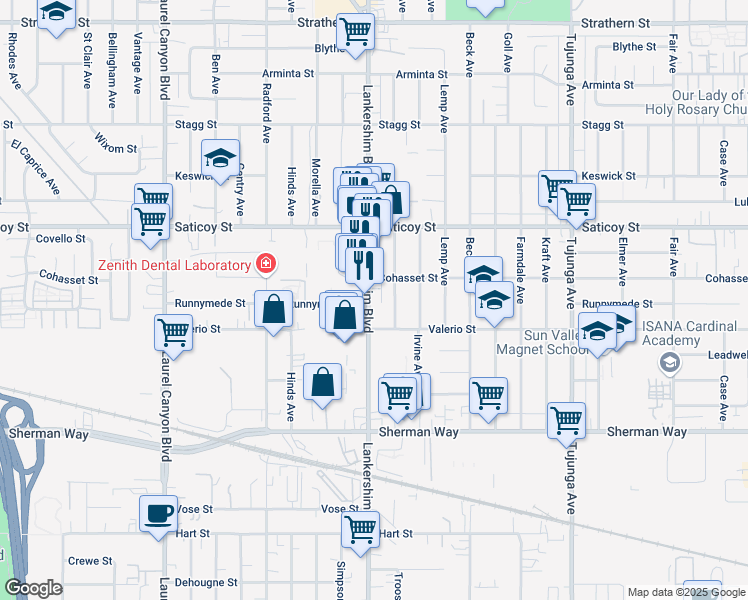 map of restaurants, bars, coffee shops, grocery stores, and more near 7444 Lankershim Boulevard in Los Angeles