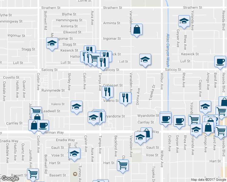 map of restaurants, bars, coffee shops, grocery stores, and more near 7441 Beckford Avenue in Los Angeles