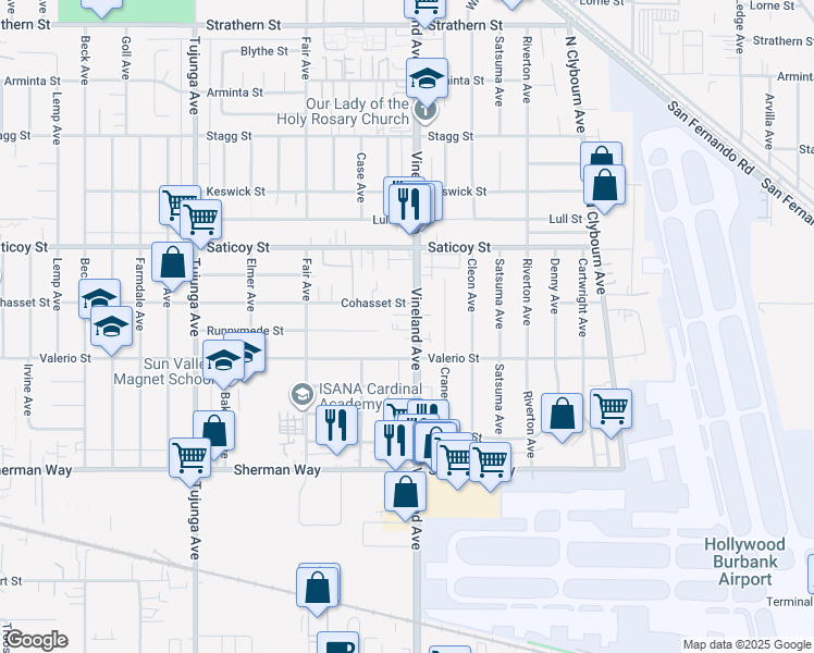 map of restaurants, bars, coffee shops, grocery stores, and more near 7435 Vineland Avenue in Los Angeles