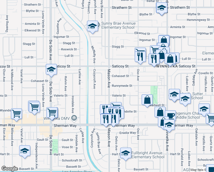 map of restaurants, bars, coffee shops, grocery stores, and more near 7439 Mason Avenue in Los Angeles