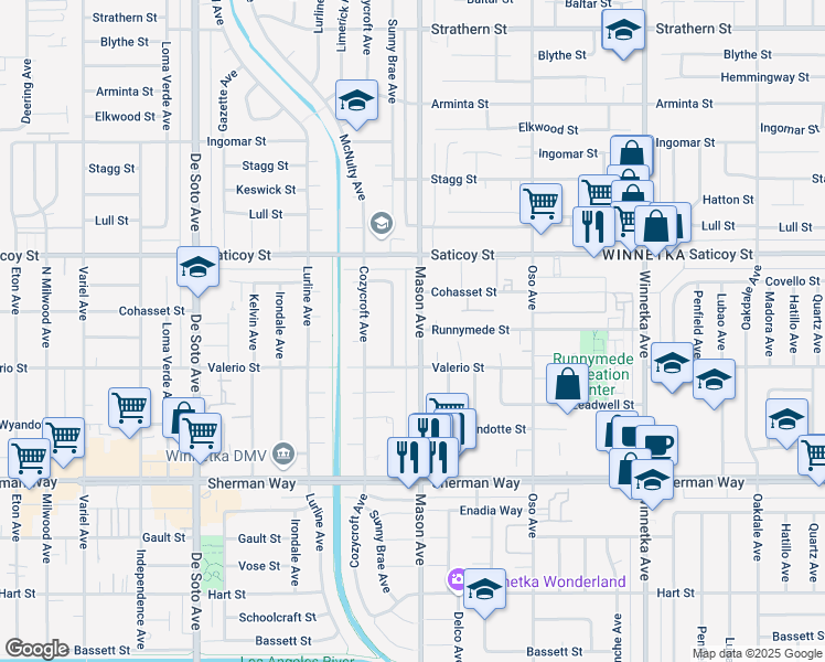 map of restaurants, bars, coffee shops, grocery stores, and more near 7439 Mason Avenue in Los Angeles
