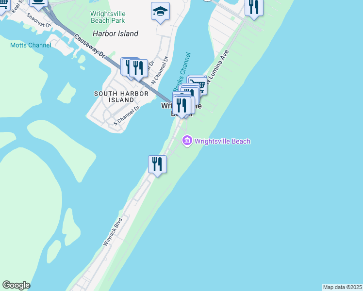 map of restaurants, bars, coffee shops, grocery stores, and more near 119 South Lumina Avenue in Wrightsville Beach