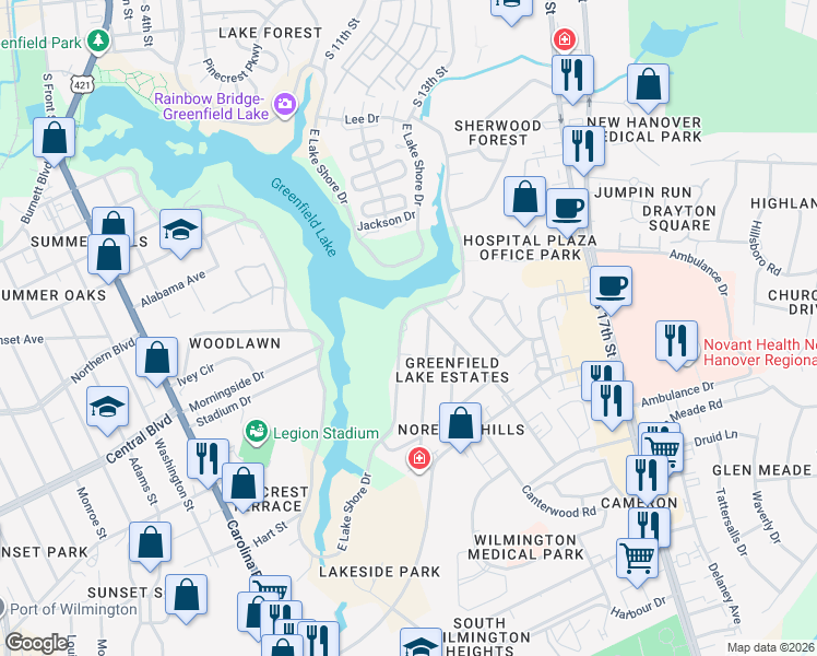 map of restaurants, bars, coffee shops, grocery stores, and more near 2109 East Lake Shore Drive in Wilmington