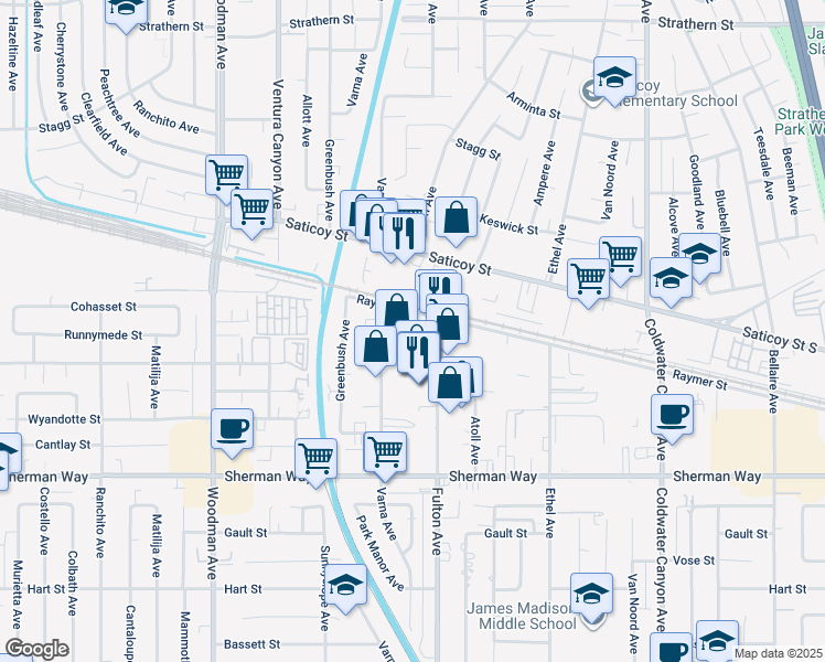 map of restaurants, bars, coffee shops, grocery stores, and more near 13340 Raymer Street in Los Angeles