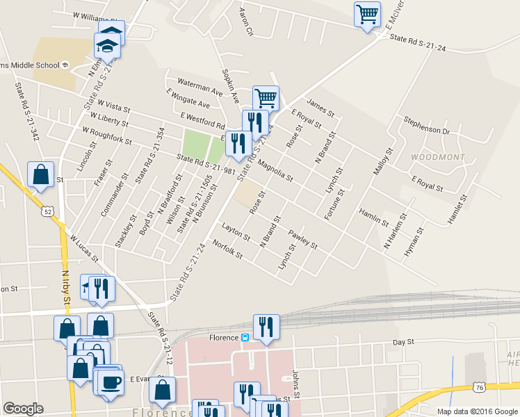 map of restaurants, bars, coffee shops, grocery stores, and more near 703 Pawley Street in Florence