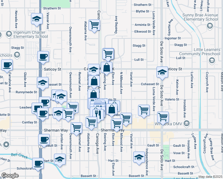 map of restaurants, bars, coffee shops, grocery stores, and more near 7443 Eton Avenue in Los Angeles