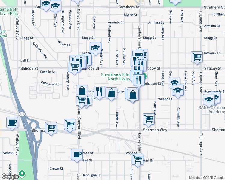 map of restaurants, bars, coffee shops, grocery stores, and more near 11841 Runnymede Street in Los Angeles