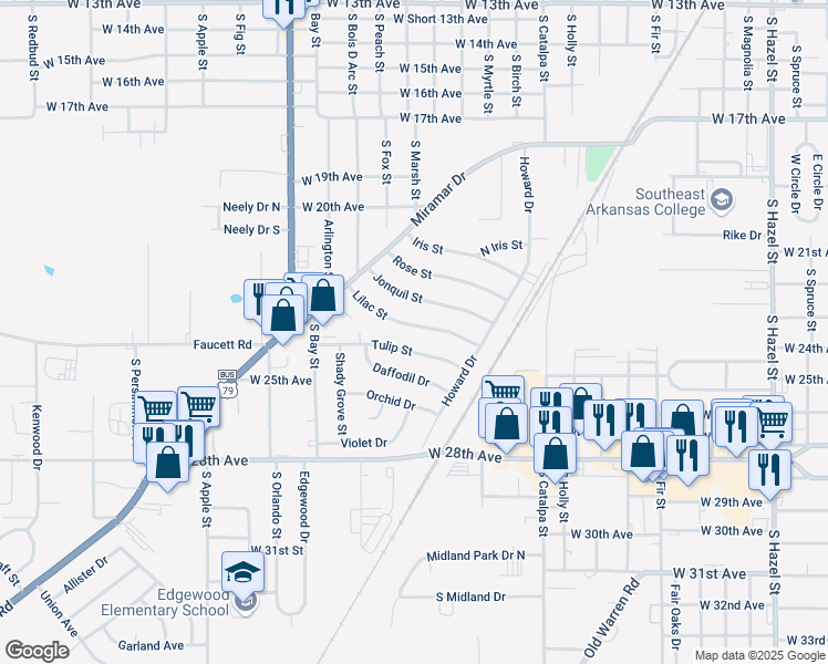 map of restaurants, bars, coffee shops, grocery stores, and more near 3304 Lilac Street in Pine Bluff