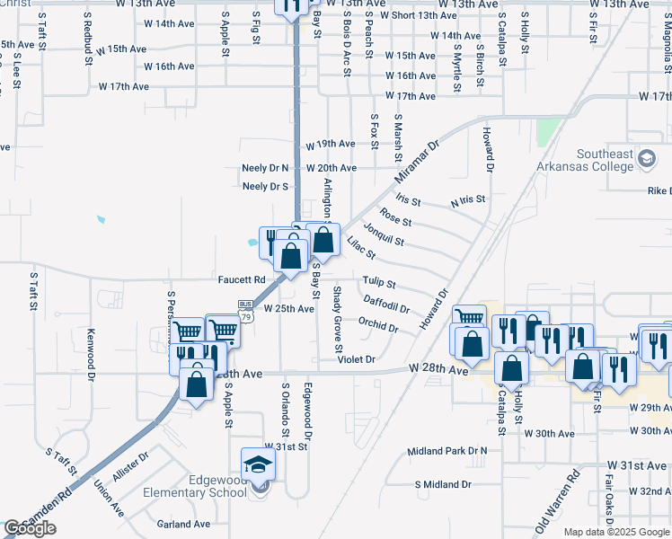 map of restaurants, bars, coffee shops, grocery stores, and more near 2517 South Bay Street in Pine Bluff