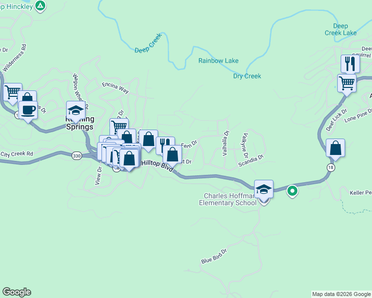 map of restaurants, bars, coffee shops, grocery stores, and more near 2626 Soutar Drive in Running Springs