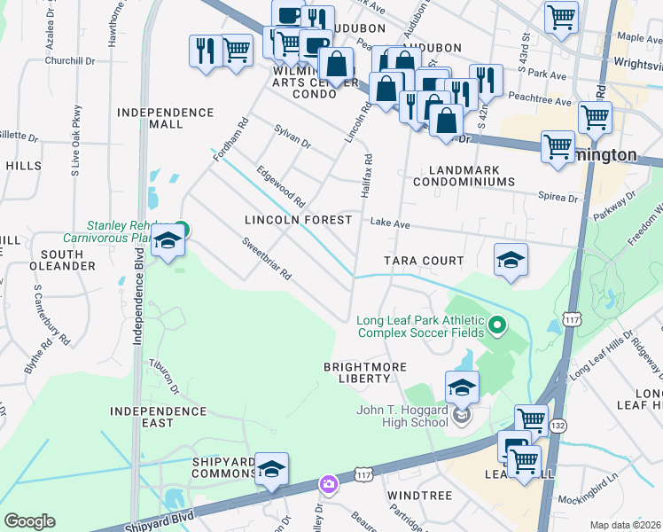 map of restaurants, bars, coffee shops, grocery stores, and more near 3931 Gillette Drive in Wilmington