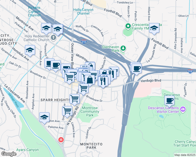 map of restaurants, bars, coffee shops, grocery stores, and more near in La Crescenta-Montrose