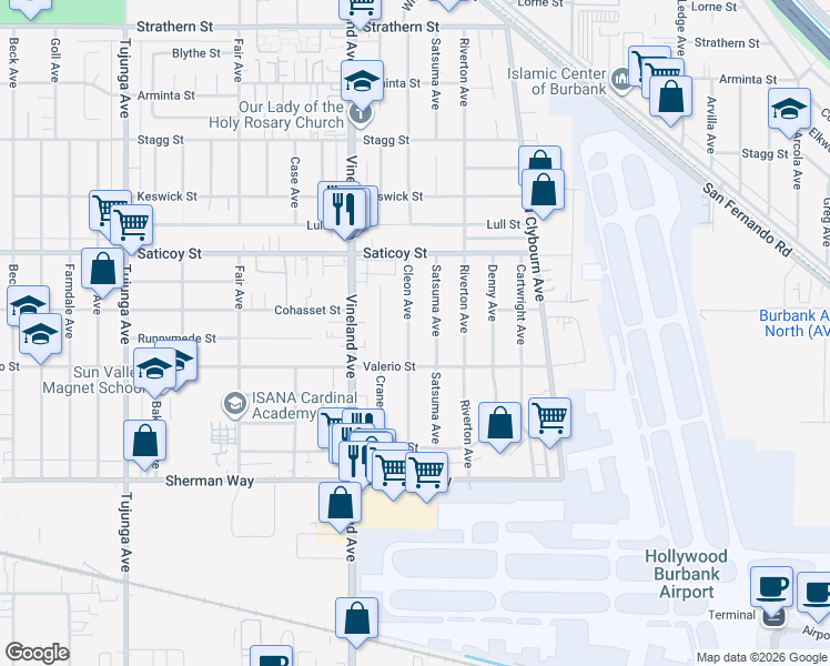 map of restaurants, bars, coffee shops, grocery stores, and more near 7442 Cleon Avenue in Los Angeles