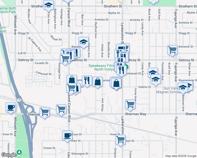 map of restaurants, bars, coffee shops, grocery stores, and more near 11841 Runnymede Street in Los Angeles