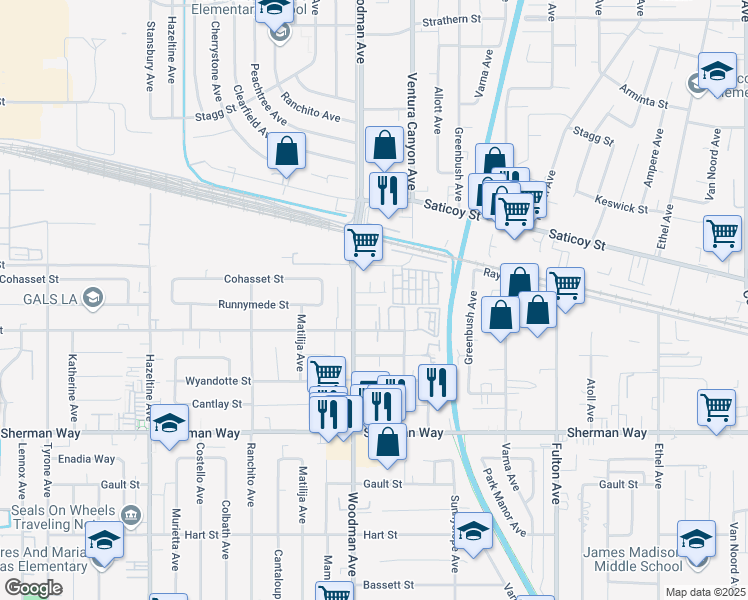 map of restaurants, bars, coffee shops, grocery stores, and more near 7444 Runnymede Street in Los Angeles