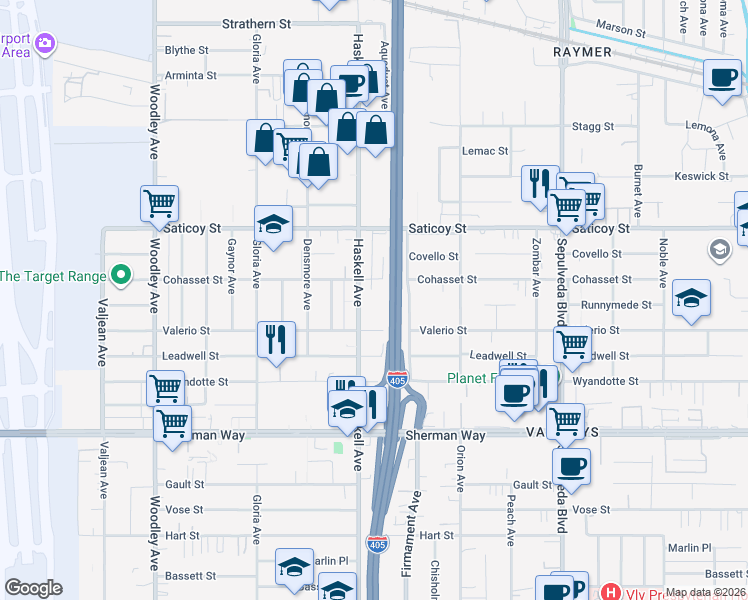map of restaurants, bars, coffee shops, grocery stores, and more near 7438 Haskell Avenue in Los Angeles