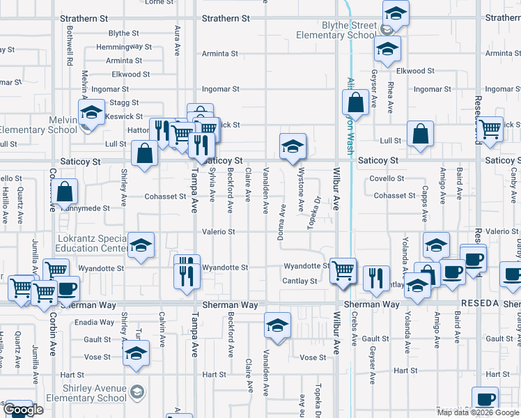 map of restaurants, bars, coffee shops, grocery stores, and more near 7445 Vanalden Avenue in Los Angeles
