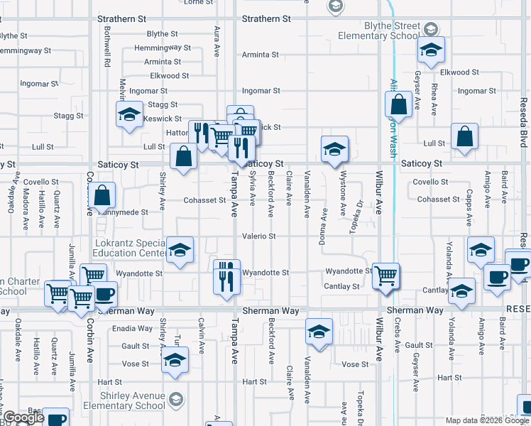 map of restaurants, bars, coffee shops, grocery stores, and more near 7440 Beckford Avenue in Los Angeles
