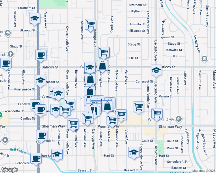 map of restaurants, bars, coffee shops, grocery stores, and more near 7443 Eton Avenue in Los Angeles